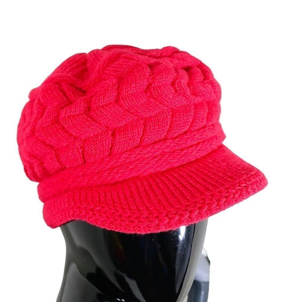 Womens Ribbed Knitted Red Rimmed Slouchy Beanie Hat Cap -E